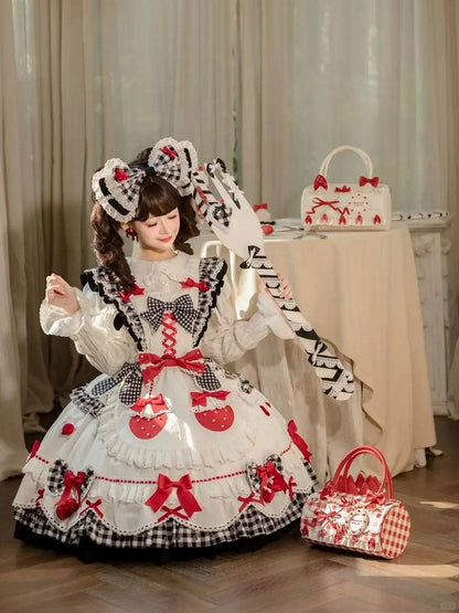 Details Flutter White Sleeves with Sweet Lolita Black Gingham Bow Dress