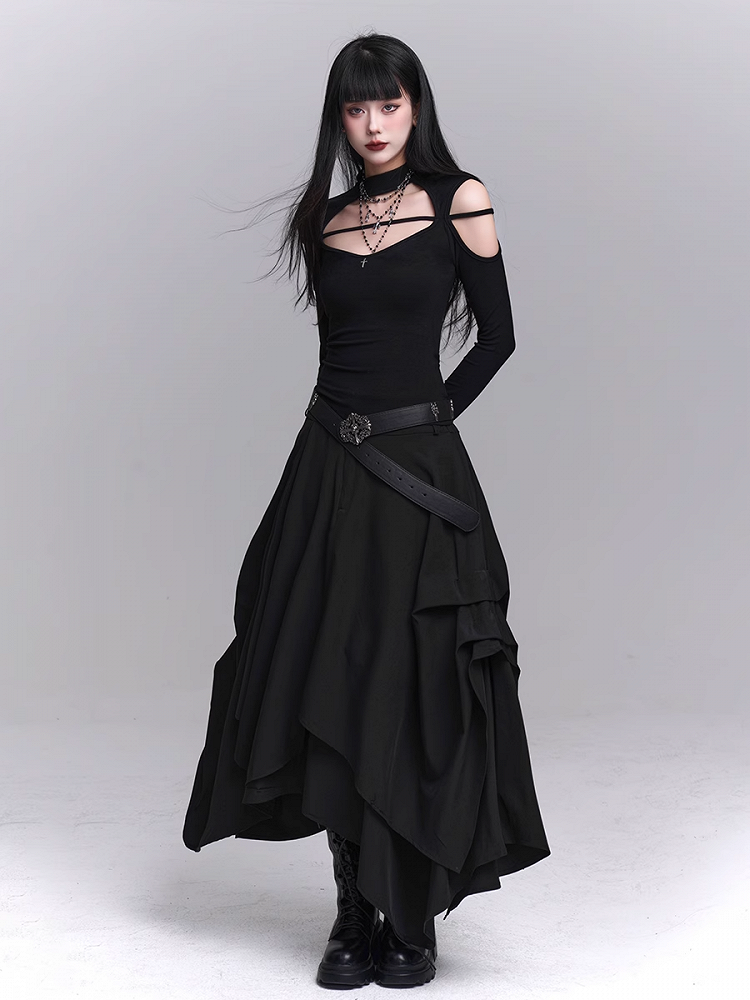 ブラックフロントボタンプラケットアシンメトリーヘムスカート