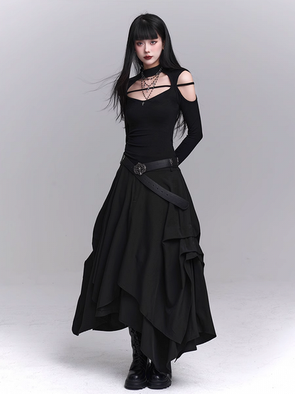 ブラックフロントボタンプラケットアシンメトリーヘムスカート