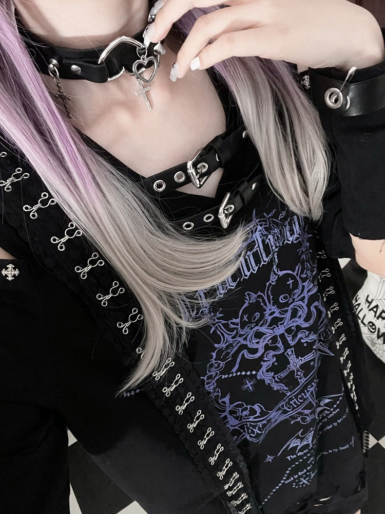 Cross Short Straps with Sleeve Drop Print Black Lace Shoudler Gothic Trimmed Blue T-shirt