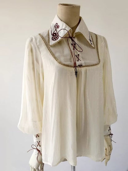 Embroidered Collar with Details Lolita Apricot Blouse and Steampunk Lace-up Gear