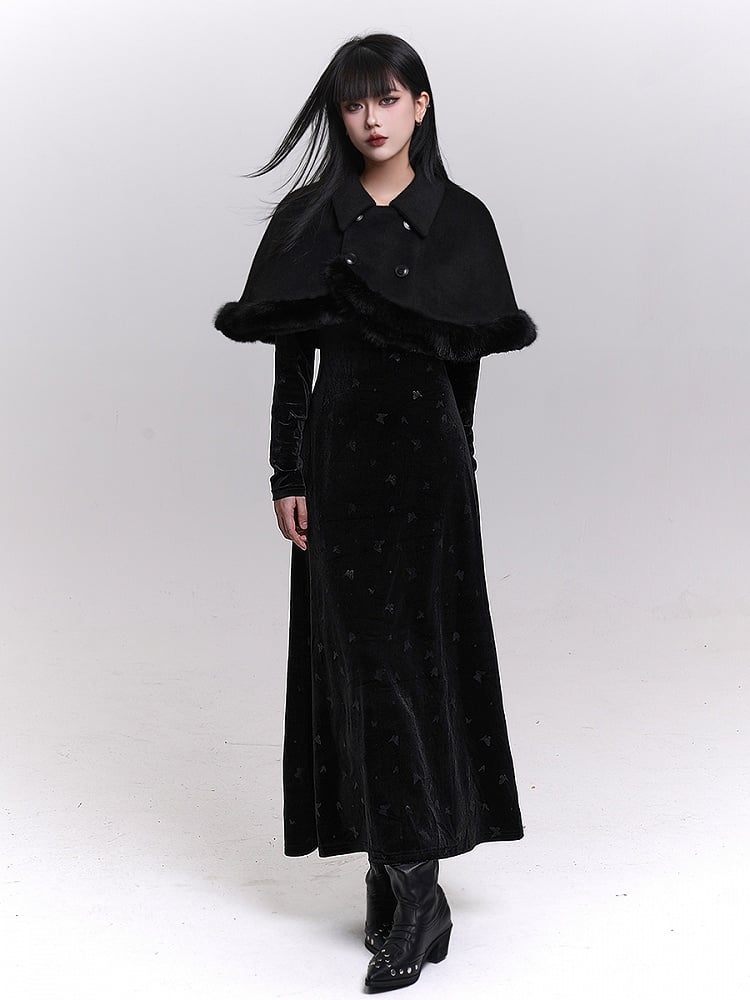 Black Double-Breasted Cape with Plush Trim