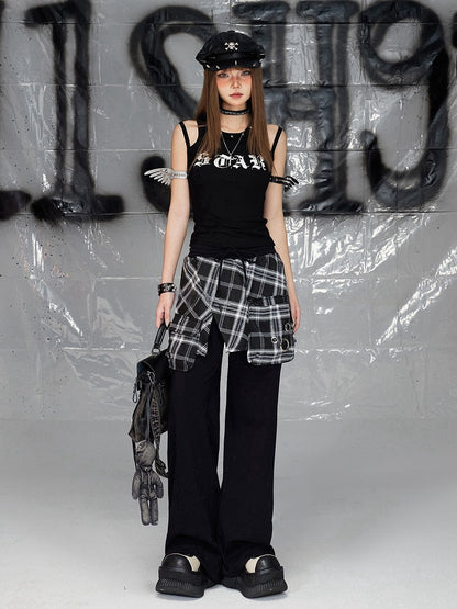 ブラックプリントデザイン ダブルショルダーストラップ ノースリーブトップス