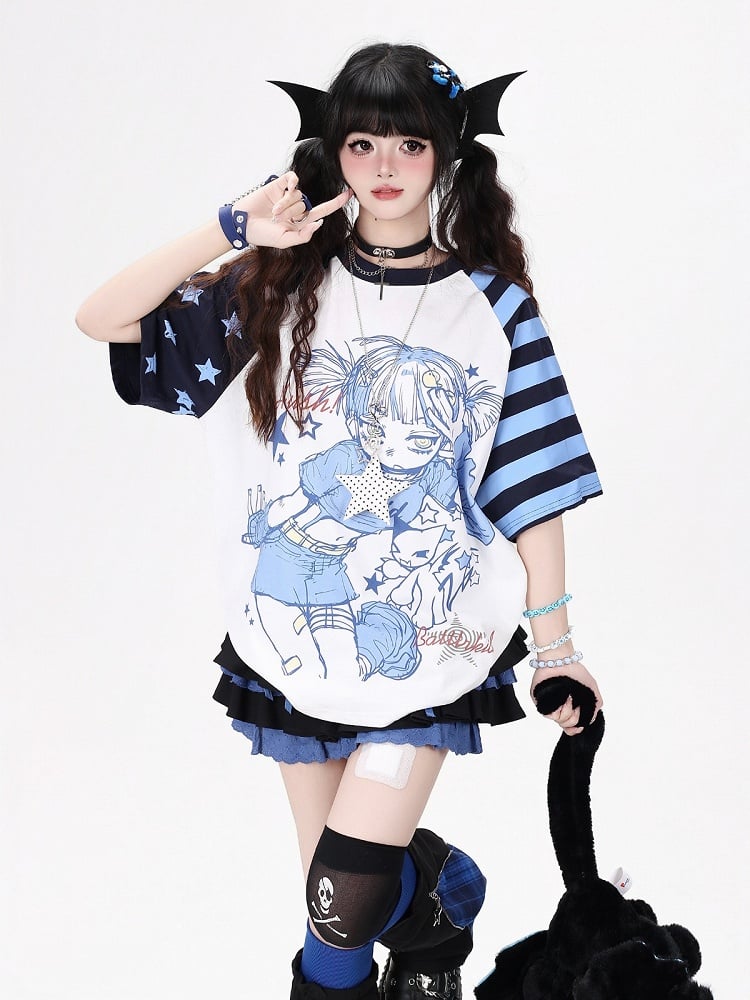 Otaku Kawaii Star-Stripe Tee with Anime Girl Graphic, Blue White - CRAZY GIRL