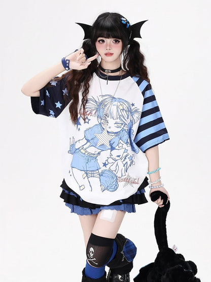 Otaku Kawaii Star-Stripe Tee with Anime Girl Graphic, Blue White - CRAZY GIRL