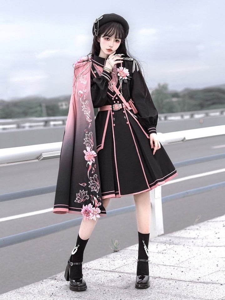 3D Shoulder Accents One with Flower Pink Black to Gradient Print Cape