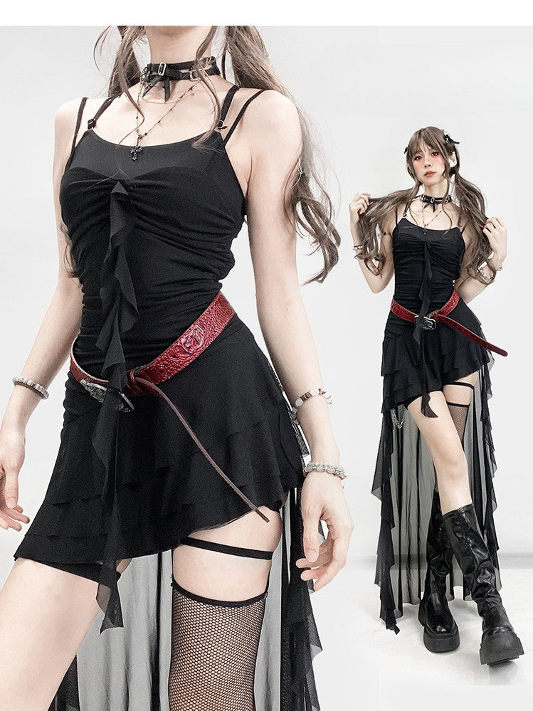 High-low Edge Glamorous Black Design Bittersweet Double Cami Ruffle Dress Detail