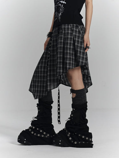 with Punk Skirt Gothic Belts White Hem Dual Black Handkerchief Eyelet Plaid Metal PU
