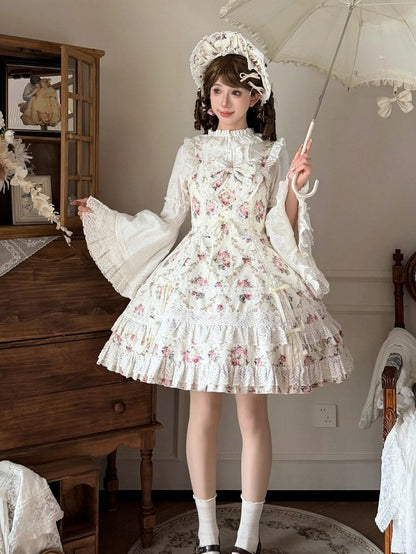 White Floral Cotton JSK Dress with Bow and Snowfall Theme