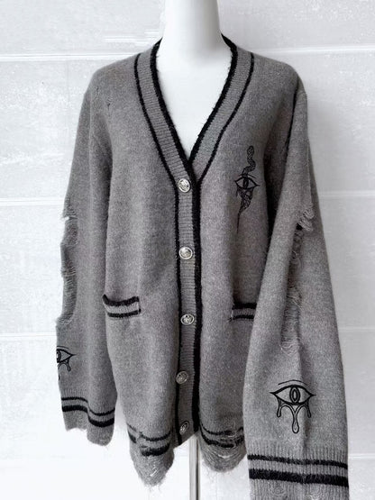 Grauer Cardigan mit Guro Kawaii-Augen- und Schlangenstickerei im Used-Look