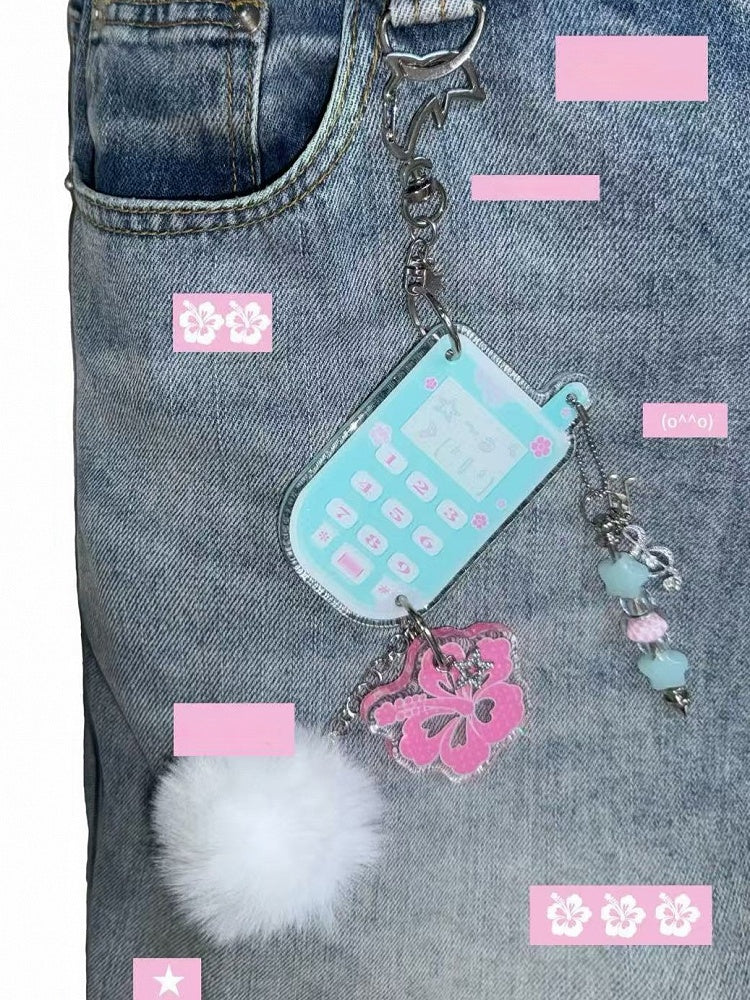 Phone Music Glitter Note Resin Keychain with Blue Hibiscus Charm