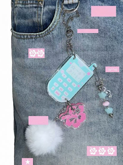 Phone Music Glitter Note Resin Keychain with Blue Hibiscus Charm