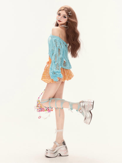 Mintblauer Ausschnitt, schulterfrei, Sommer-Strick-Überwurf, Löcher