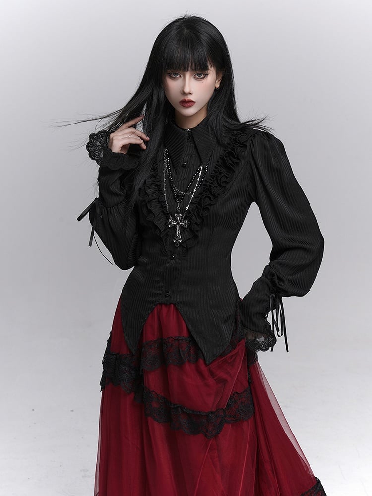 Design with Blouse Black Bishop Striped Sleeves Gothic Triangular Slit