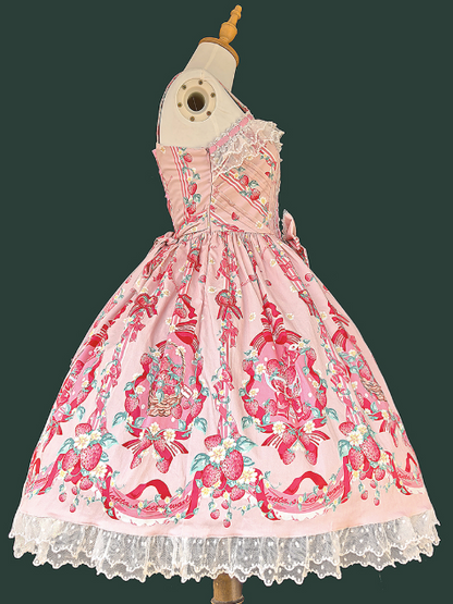 Dress Pink Hem Details and Strawberry Sweet with Lace Bow Lolita Print