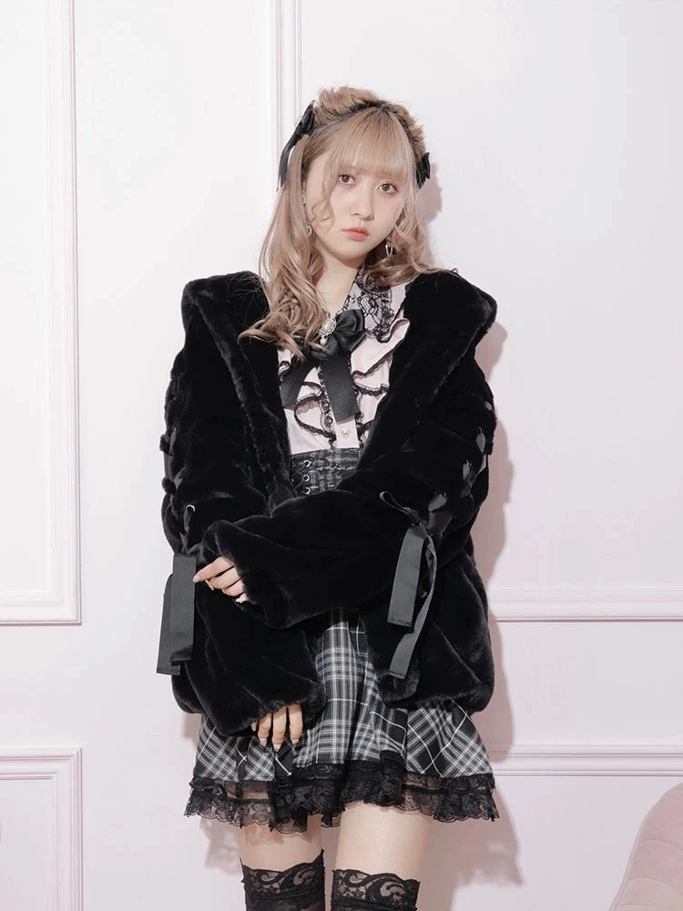 Sweet Jirai Kei Plush Bunny Ear Hooded Coat for Fall/Winter with Lace-Up Sleeves in Dusty Pink/White/Black