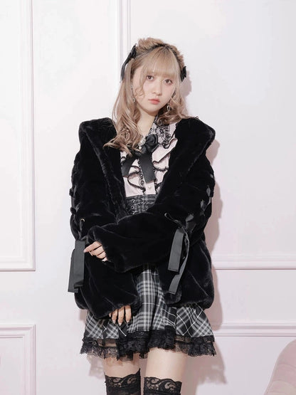 Sweet Jirai Kei Plush Bunny Ear Hooded Coat for Fall/Winter with Lace-Up Sleeves in Dusty Pink/White/Black