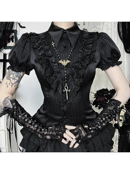 Collar with Detail Sleeve Blouse Back Pointed Gothic Halloween Ruffled Black Tie Flat Puff