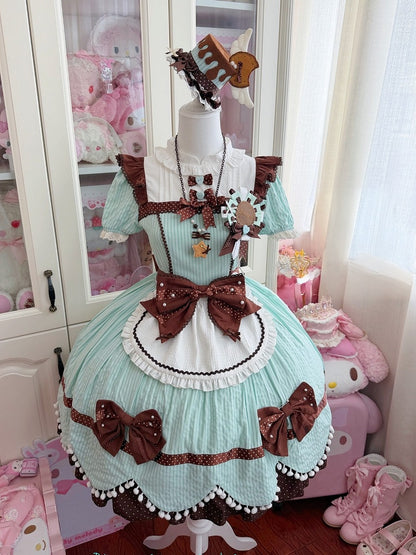Mint Chocolate Cookie OP Dress with Pompom Bowknot Apron - Alice in Wonderland Lolita