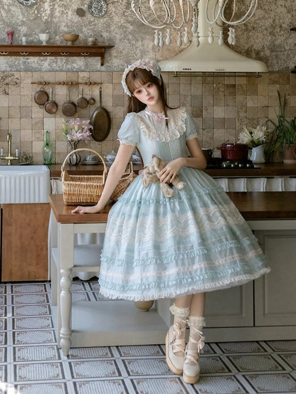 Mint Green Puff Sleeve Lace Trim Elegant Lolita Gown - Pumpkin Planet