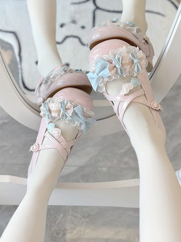 Bow Janes Candy Lolita PU Style Low - Pink Heel Mary Accents with Shoes