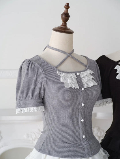 Gray Ryousangata Halter Neck Lace Knit Top - No Genki