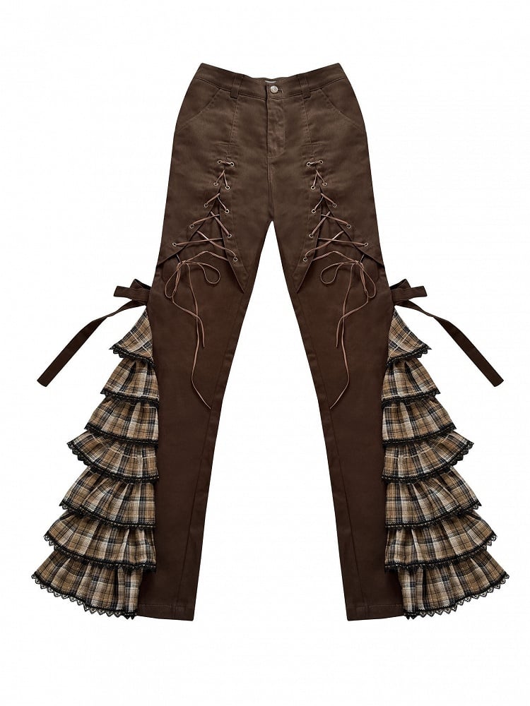 Brown - Pastel Lace-up Pants Details Punk