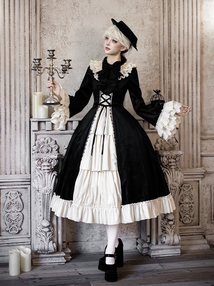 Sleeves OP Beige Velvet Hairclip Bowtie Bell Bow and Lolita Elegant Black + Winter