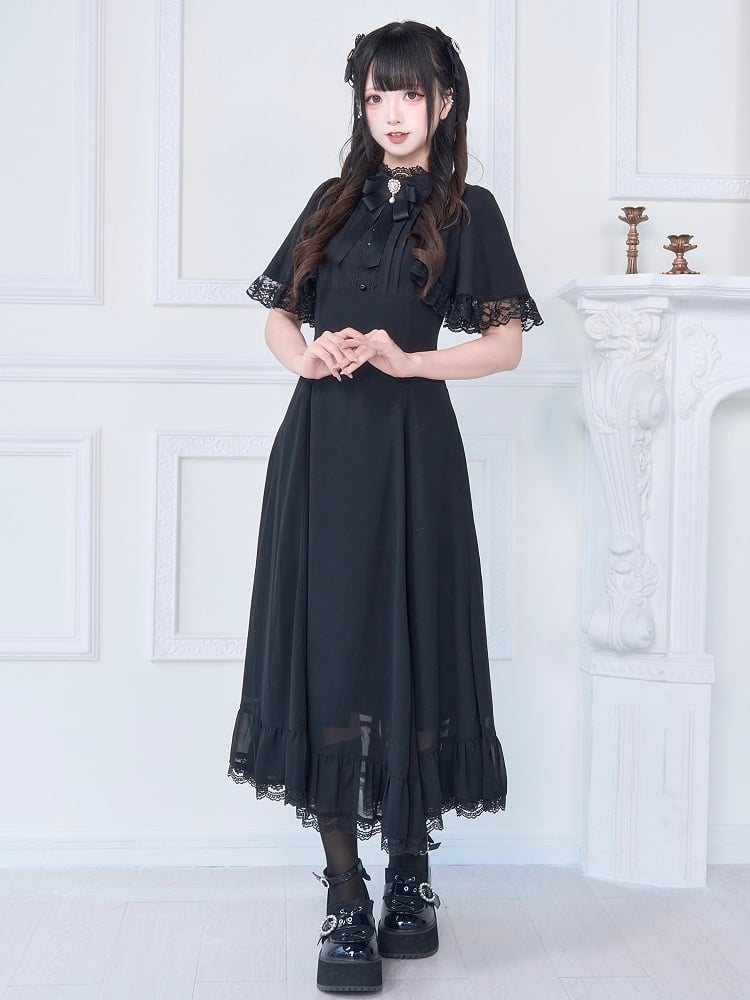 Lace Trim Long Dress with Free Bowknot Brooch Jirai Kei All Black