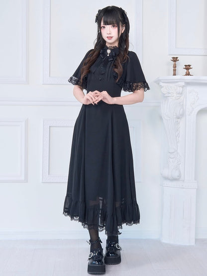 Lace Trim Long Dress with Free Bowknot Brooch Jirai Kei All Black