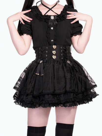 Skirt Waist Jirai with Bowknot Smocked Lace-up Accents Triple-Layer Black Kei Organza