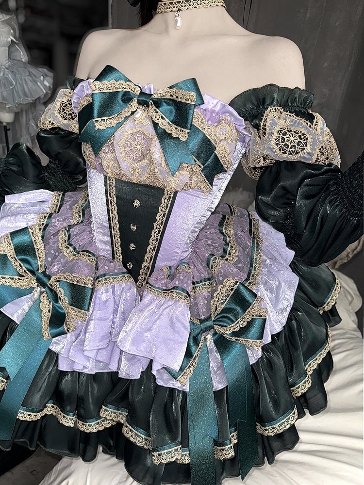 Layers Green Gold Light with Bow Accents and Purple Lace Dress Princess Trim Balletcore