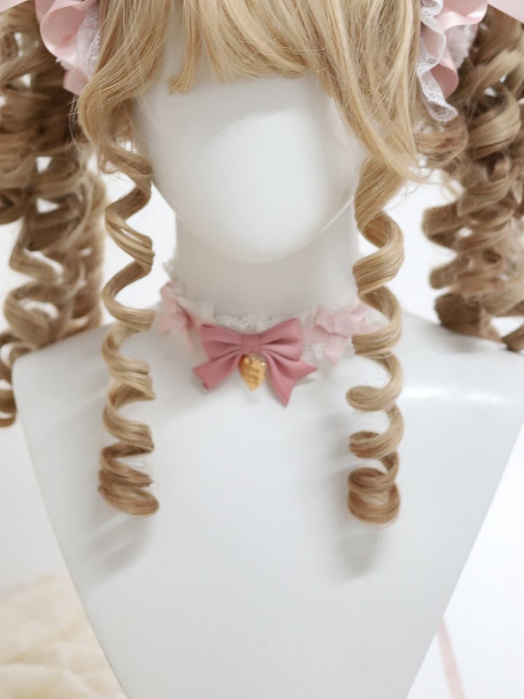 Choker Lace with Pink Pendant Pastel Satin Bow Heart