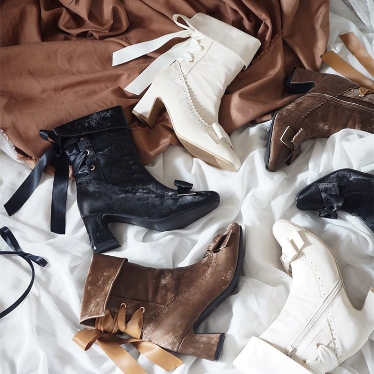 Rear High - Scalloped Foldable Lacing Cuff Elegant Black Block with Ankle Lolita Boots Heel Edging
