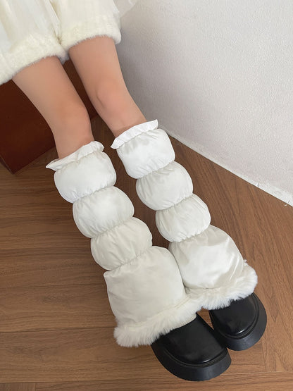 White Leg Plush-Trimmed Warmers Puffer