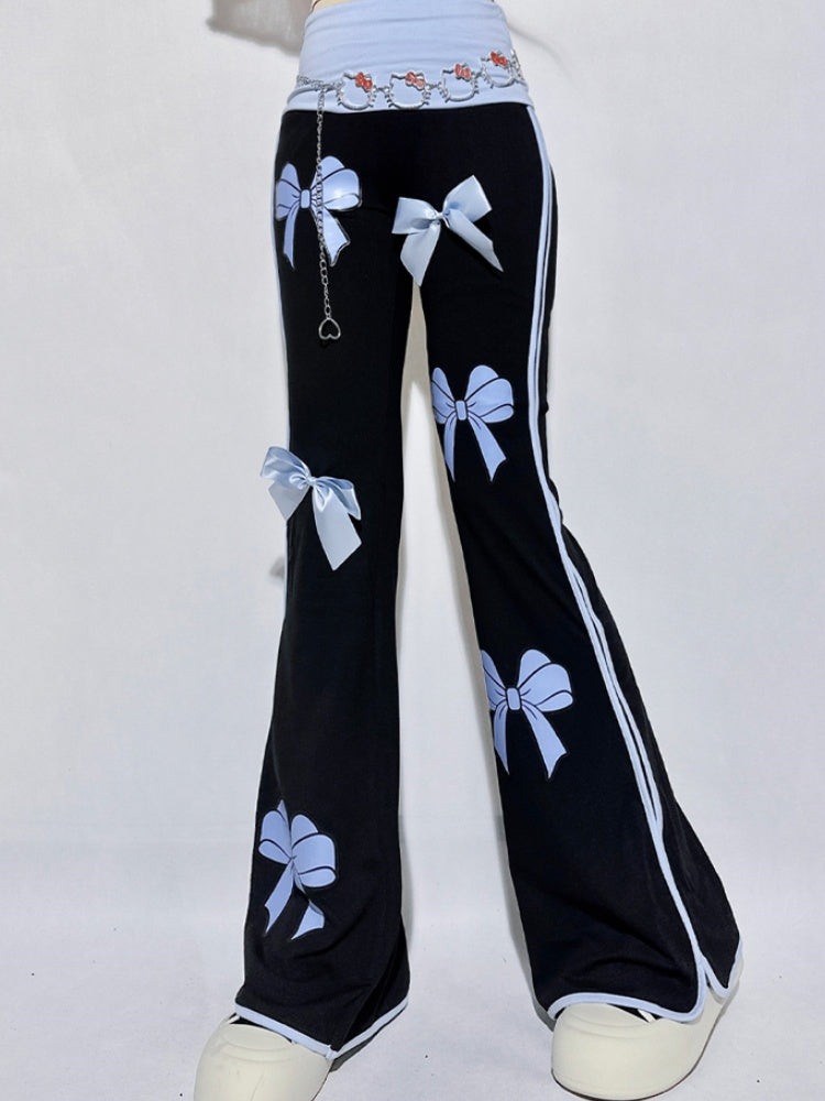 Schwarze Schlaghose mit hoher Taille und blauen Schleifen