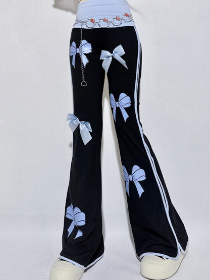 Schwarze Schlaghose mit hoher Taille und blauen Schleifen