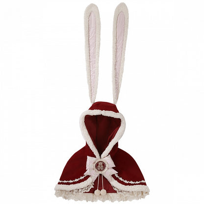 Ears Red Knitted Cape Skirt JSK - Sweet Lolita Dress Winter + Bunny Set Bear-Themed Top Short White