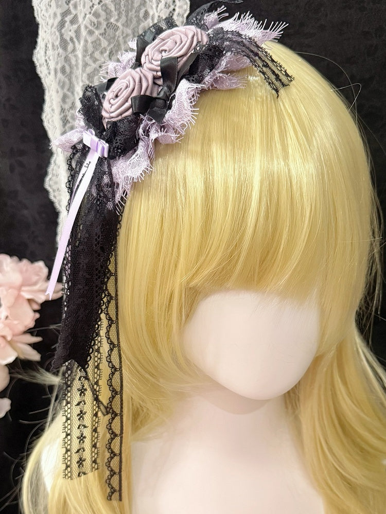 Details Bowknot Trim PurpleBlack Floral Lace Design Hairclip