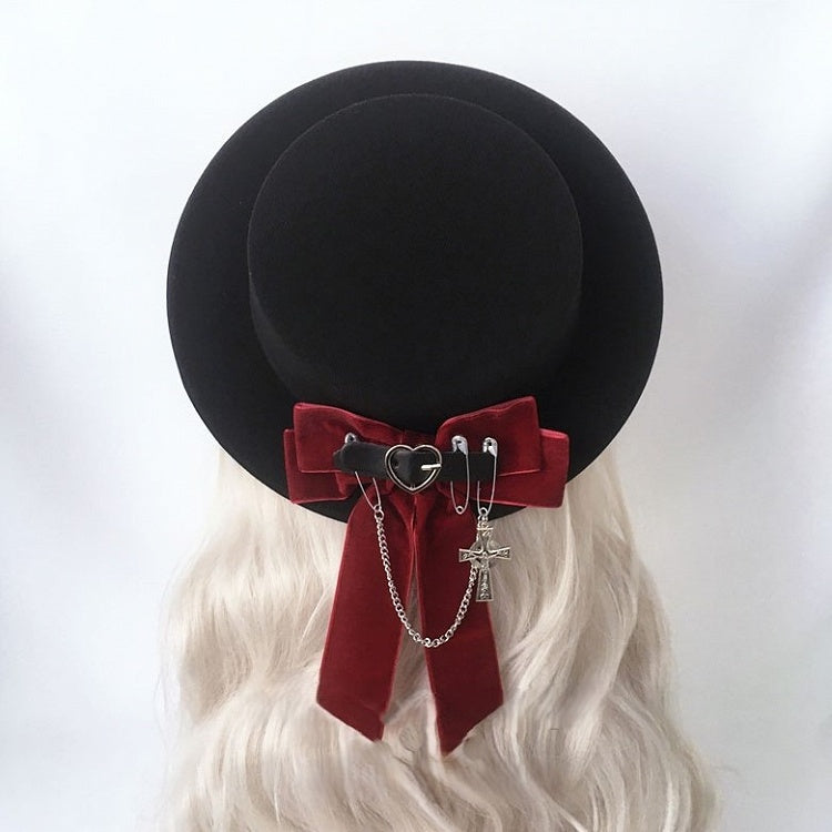 Chain Buckle Flat Black decorated Bow Hat with Accents