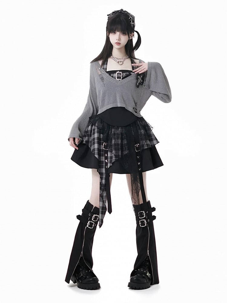 Y2K with Sweater Plaid Decor Gray/Black V-Neck Cross Distressed Holes Knit Grunge