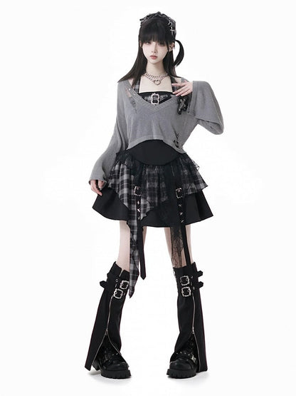 Y2K with Sweater Plaid Decor Gray/Black V-Neck Cross Distressed Holes Knit Grunge