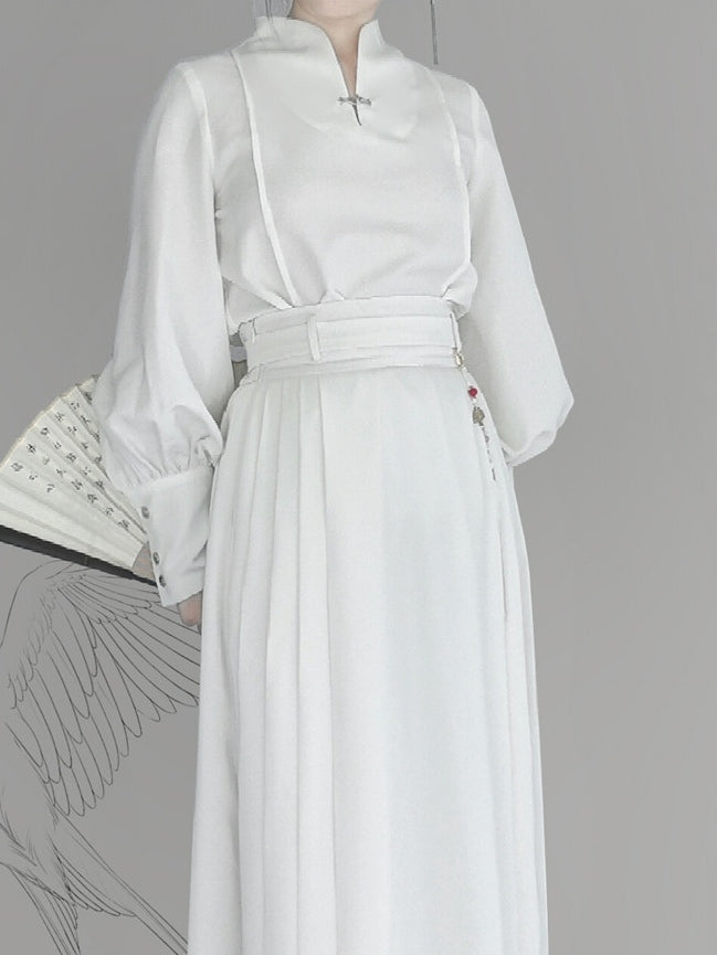 Balloon Mandarin White Chinese Sleeve Cuffs Button Style with Top Sleeves Collar - Snap Long