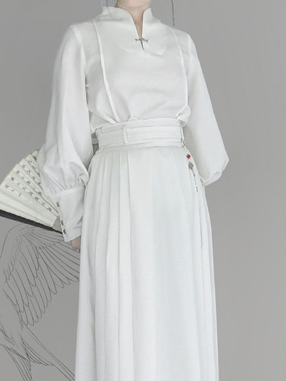 Balloon Mandarin White Chinese Sleeve Cuffs Button Style with Top Sleeves Collar - Snap Long