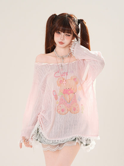 Ausschnitt-Überwurf, schulterfrei, entzückender Bärendruck, Rosa/Weiß, zum Selbstbinden