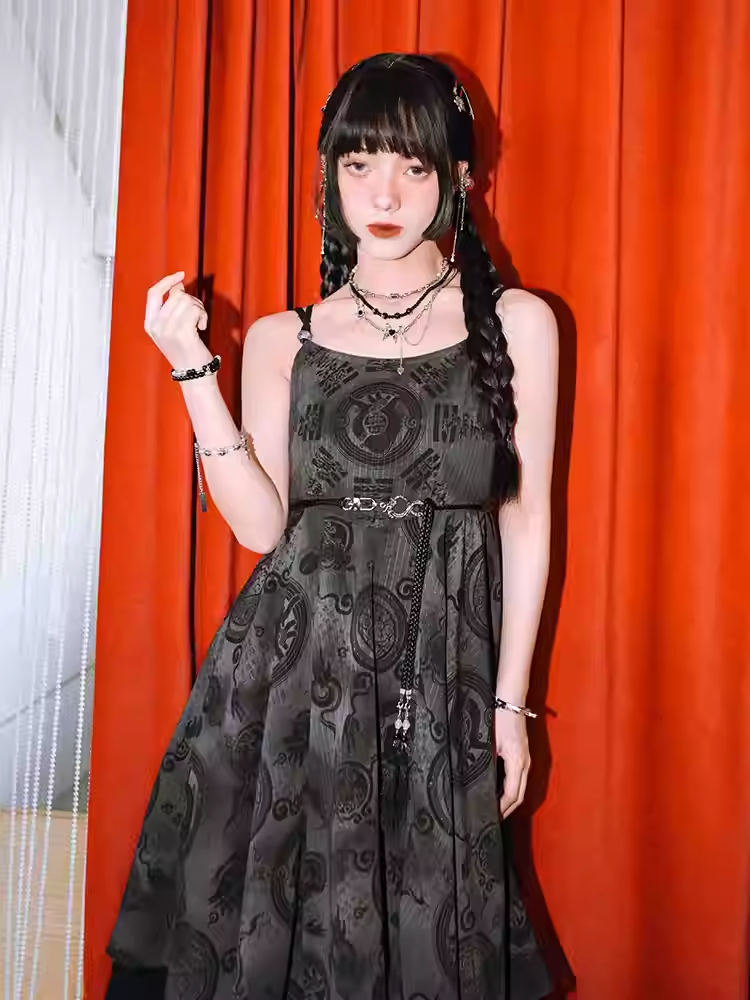 Hem Cheongsam Style Graphic Handkerchief Cami Chiffon Dress Black