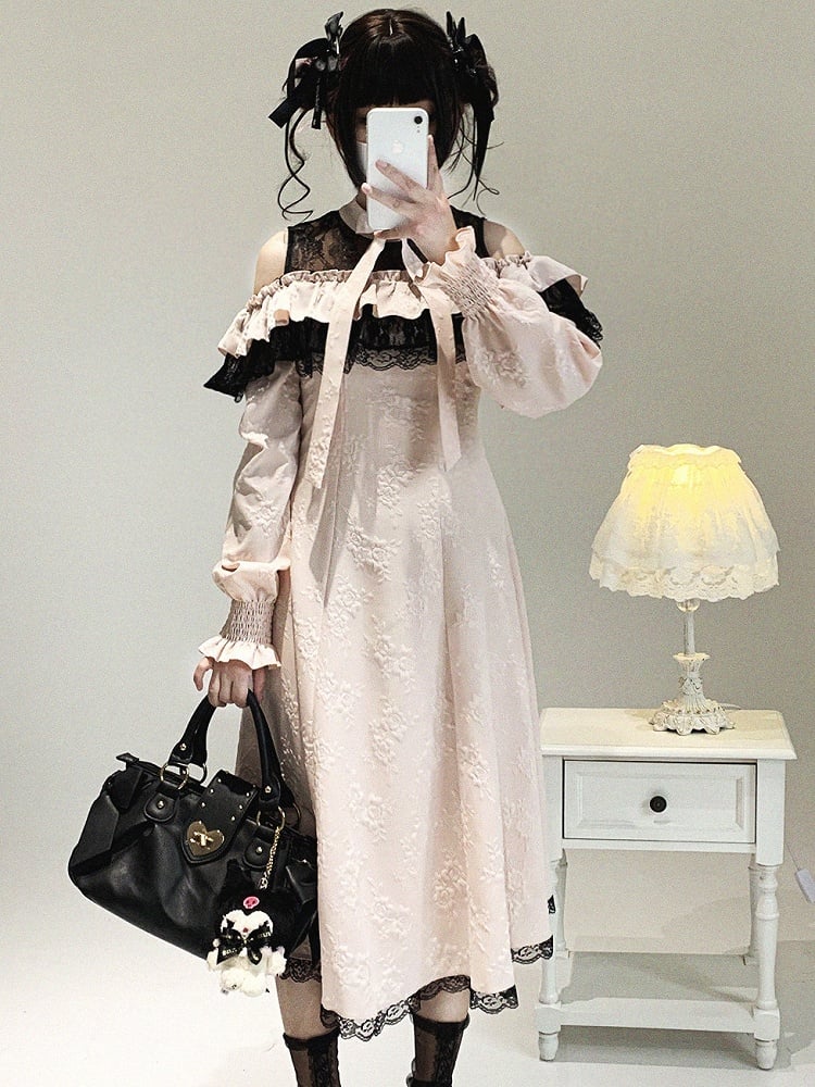 with Bow and Cutout Pink Lace Black Dress Long-Sleeve Kei Jacquard Rose Jirai Shoulder Ruffled