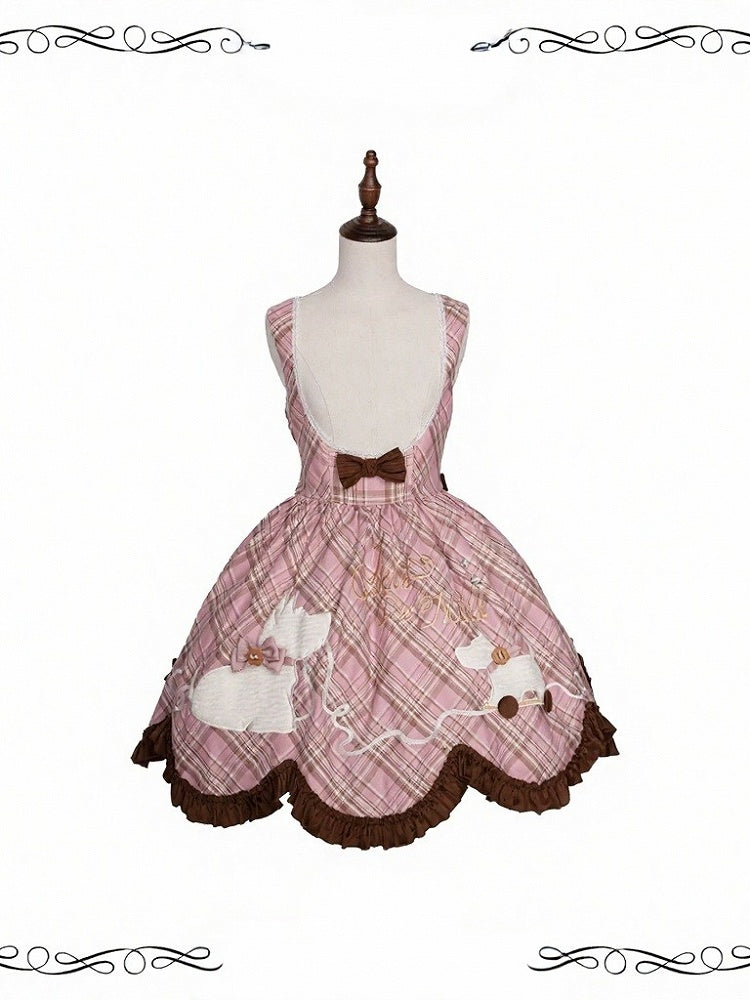 Winter Jumper Skirt in Pink Plaid with Cute Puppy Patchwork - iris de nuit