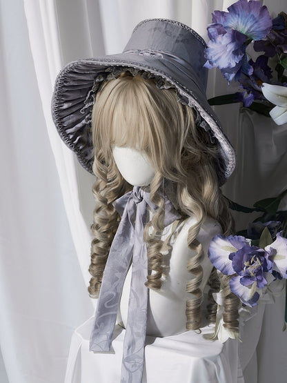 und Motorhaubenschleife mit Besatz, breitkrempiges Lolita-Spitzendetail, Schwarz/Grau/Braun