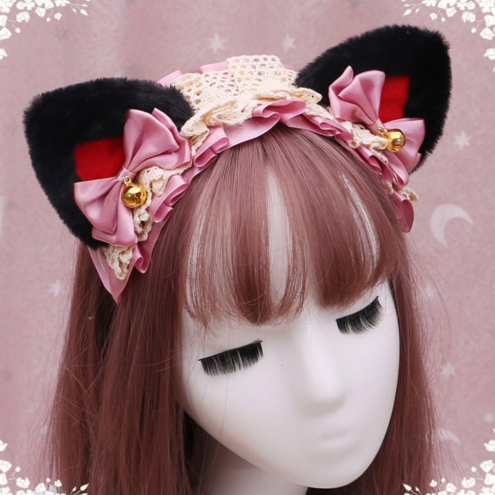 4 Clochette Kitty Lolita en peluche noire avec décorations colorées, dentelle mignonne et oreilles à nœuds rouges